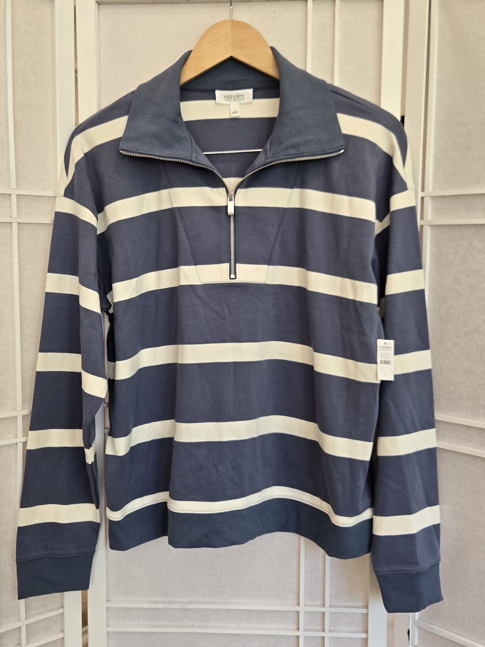 Striped Half-Zip Pullover Sweatshirt in Navy and White